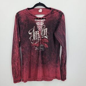 Vtg Affliction Distressed Oxblood Long Sleeve‎ Shirt L Thrashed Ripped Destroyed